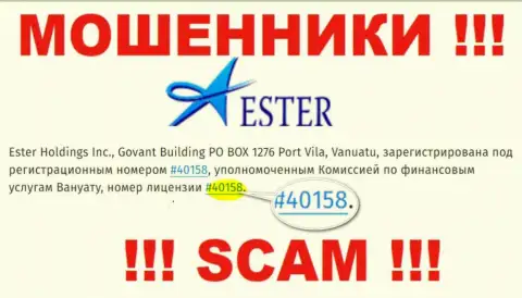 Хотя Ester Holdings Inc и указывают на web-портале лицензию на осуществление деятельности, знайте - они все равно МОШЕННИКИ !!!
