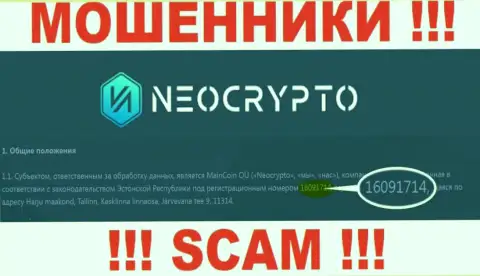 Номер регистрации NeoCrypto Net - сведения с официального сайта: 216091714