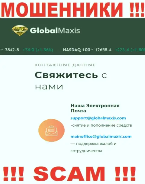 Электронный адрес internet-мошенников GlobalMaxis Com, который они показали на своем официальном интернет-портале