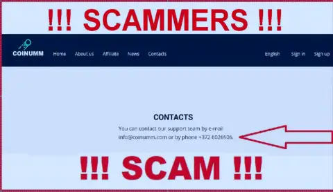 Coinumm phone number listed on the scammers website