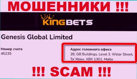 Из организации King Bets вернуть обратно вложенные денежные средства не получится - данные мошенники осели в офшоре: 28, GB Buildings, Level 3, Watar Street, Ta`Xbiex, XBX 1301, Malta