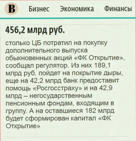 Как сообщается в ежедневной деловой газете Ведомости, практически 500 000 000 000 рублей направлено было на спасение финансового холдинга Открытие